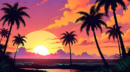 A retro 80s sunset with palm trees and bright colors