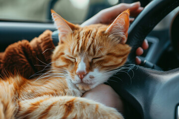 Wall Mural - a cat sleeping on a car steering wheel