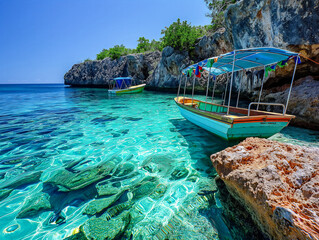 Wall Mural - A boat is floating in the water next to a rocky shore. The water is clear and calm, and the sky is blue