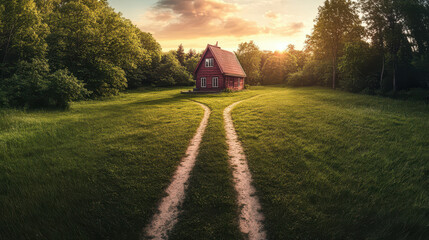 charming red house with a triangular roof and two chimneys, nestled in a lush green field surrounded by trees.