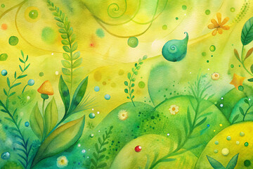 Abstract watercolor illustration of nature with vibrant colors and organic shapes