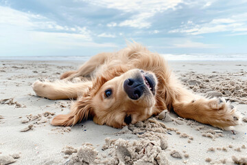 Wall Mural - a dog laying on the sand on a beach