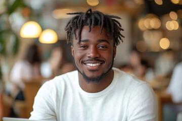 Wall Mural - Smiling young African American man in casual setting with natural lighting and blurred background