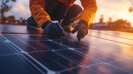 Technician in protective gear working on solar panel maintenance at sunset, ensuring optimal performance of renewable energy systems