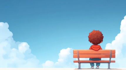 Pixelated character sitting on a 16-bit park bench with sky copy space, retro life theme, clean modern design.