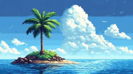 Wall Mural - Retro Pixelated Island with Palm Tree - Clean and Modern Survival Game Aesthetic with Ample Copy Space