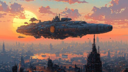 Retro Pixelated Spaceship Soaring over Cityscape in 8-Bit Style with Ample Sky Copy Space - Classic Sci-Fi Video Game Concept Art