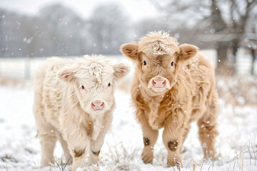 two cows standing in the snow in a field