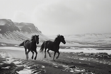 Wall Mural - two horses running in the snow near a mountain