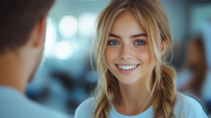 A bright smile reflects happiness as a young woman engages in a light-hearted conversation with a friend