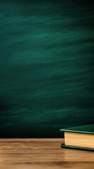 A close-up of a book resting on a wooden table in front of a green chalkboard, perfect for educational themes and backgrounds.