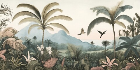 Wall Mural - wallpaper jungle and leaves tropical forest birds old drawing vintage