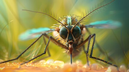 Close-up of a mosquito with large, green eyes and translucent wings.