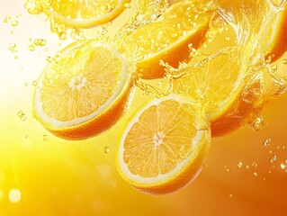 Wall Mural - Orange Slices Splashing in Water Against Yellow Background