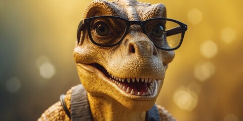 A Dinosaur Wearing Glasses on a Yellow Background.