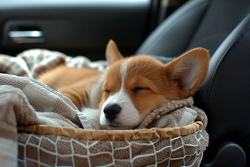 Wall Mural - a dog is sleeping in a basket in the back seat of a car