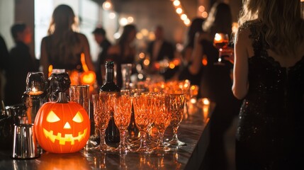 A chic Halloween cocktail party in a sleek downtown loft with guests in stylish costumes mingling around a bar adorned with skull-shaped glasses and a glowing jack o lantern centerpiece as soft jazz