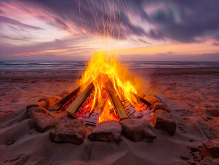 Wall Mural - A fire is burning on a beach, with the sky in the background. The fire is surrounded by rocks and logs, and the beach is sandy. The scene is peaceful and relaxing