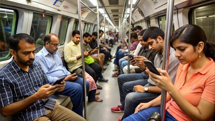 Poster - delhi metro passengers glued to mobile phones.