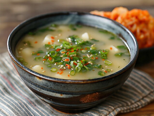 Wall Mural - A bowl of soup with green onions and a spoon. The soup is hot and ready to be eaten