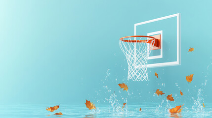 Wall Mural - A basketball hoop is partially submerged in water with autumn leaves falling around it, symbolizing the transition from summer to fall, the fragility of time, and the beauty of unexpected combinations