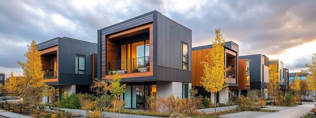 Wall Mural - Contemporary townhomes, modern architecture, geometric shapes, mixed materials like wood and concrete, large windows, outdoor terraces, urban residential complex, fall foliage, landscaped courtyard