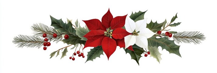 A beautiful Christmas garland featuring a vibrant red poinsettia, a delicate white poinsettia, lush green holly leaves, and clusters of red berries. This festive arrangement symbolizes Christmas cheer