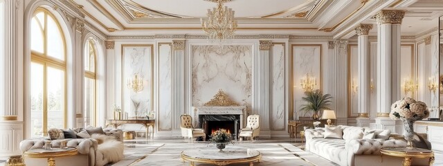 neo-classical interior design, ornate ceiling moldings, marble fireplace, tufted sofa, vintage chandelier, gold accent tables, plush area rug, detailed wall paneling, large arched windows, elegant fur