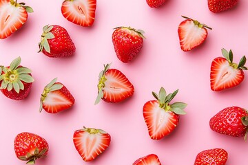 Wall Mural - Fresh Strawberries on Pink Background