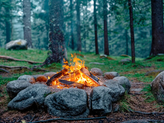 Wall Mural - A fire is burning in a stone fire pit in a forest. The fire is surrounded by rocks and logs, and the area is covered in grass. The scene is peaceful and serene, with the fire providing warmth