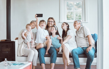 Wall Mural - Selfie, photo and big family in home with smile or care together with happy memory for social media. Senior grandparents, mom and dad in picture with children siblings for bonding, support and love