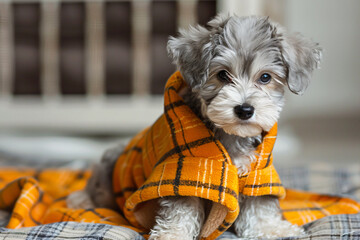 Wall Mural - a small dog wearing a yellow and black plaid coat