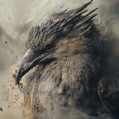 A close-up portrait of a bird covered in dirt and dust, with smoke or fog surrounding it.