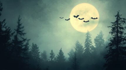 Wall Mural - a spooky halloween background featuring a full moon partially covered by eerie fog, with bats flying