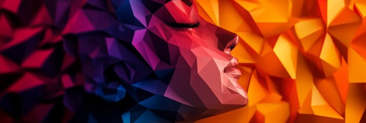 Wall Mural - A colorful, abstract portrait of a woman with her eyes closed, symbolizing peace, calmness, relaxation, and contemplation. The use of polygons adds a sense of structure and depth, representing the com