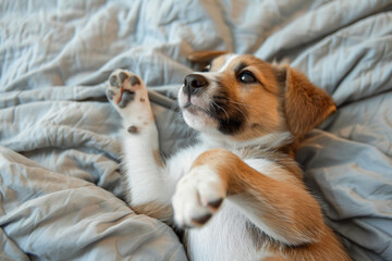 Wall Mural - a dog laying on its back on a bed