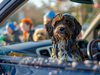 Wall Mural - A dog is sitting in a car with its head out of the window. The dog is wet and has a collar on