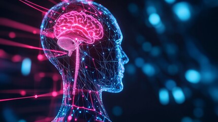 Poster - A digital representation of a human brain with neural pathways, symbolizing artificial intelligence, technology, innovation, human consciousness and the future of technology.