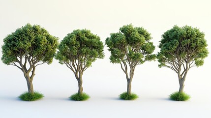 Four hyperrealistic trees of varying shapes and sizes, each with green foliage, displayed against a white background The image is detailed with no shadows on the ground