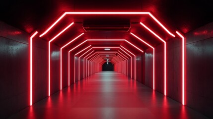 Wall Mural - A long, dark tunnel illuminated with bright red neon lights, creating a futuristic and sleek aesthetic. The tunnel symbolizes progress, exploration, and the potential for new discoveries.