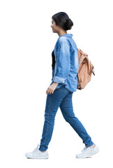 full length portrait of a young woman walking isolated transparent png, student girl full body photo