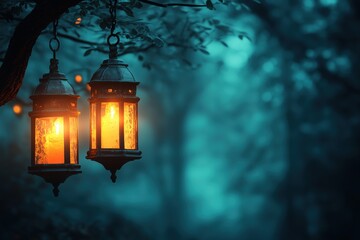 Two antique lanterns emit a warm glow, hanging from a tree branch in a misty, twilight forest setting.