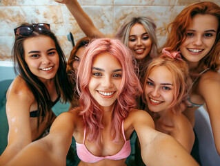 Poster - A group of women are posing for a picture in a bathtub. They are all wearing pink and smiling