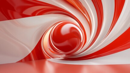 Wall Mural - A mesmerizing abstract design featuring a swirling tunnel of red and white stripes, creating a sense of depth and movement. The tunnel opens up to reveal a bright red orb at its center.