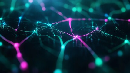 Poster - A mesmerizing abstract neural network pattern with bright pink and teal glowing lines and nodes connecting in a web-like structure, symbolizing connectivity, technology, and communication.