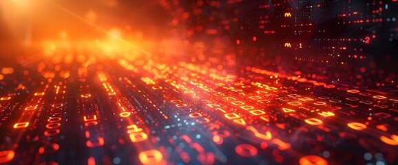 Abstract red and orange glowing digital code.