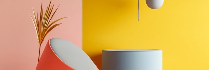 Sticker - A minimalist product display featuring a light grey cylinder, a peach-colored half-sphere, and a delicate golden branch against a backdrop of pastel pink and yellow.