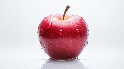 A single, vibrant red apple with water droplets glistening on its smooth surface, isolated against a pure white background. The droplets give the apple a fresh and juicy appearance, highlighting its c