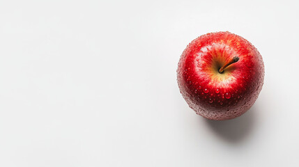 A single, vibrant red apple with water droplets glistening on its smooth surface, isolated against a pure white background. The droplets give the apple a fresh and juicy appearance, highlighting its c