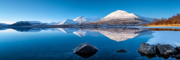 Canvas Print - A peaceful scene of a still lake reflecting snow-capped mountains under a clear blue sky, symbolizing tranquility, nature's beauty, winter serenity, and reflection.